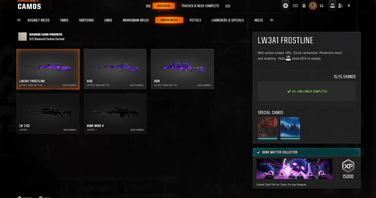 π BO6 & WZ4 | π§ 33x Dark Matter Hand Leveled 9x Meta Guns Loadouts (Snipers , Fear1, C56,Kilo,Ladra,Lc10,KrigC,HDR) | πͺ 500+ Premium Camos | π§± Level 55 | π§Ώ 50 Ranked Wins | πΊοΈ Crossplay: Steam β’ BNET β’ PSN β’ Xbox