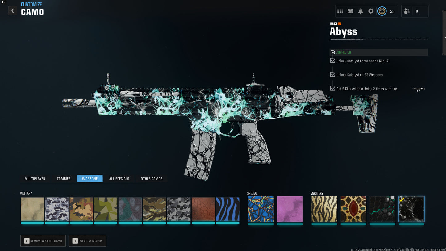 🏺 Legit Abyss Unlock (Inclu .New Guns Amax Kilo Ladra) 🔥 500 Camos 🔥 Level 55 + legitimately unlocked 🕸️ Gold Tiger ✨ King's Ransom 👁 Catalyst ✨ Gold Camos 🦾 Full access linkable to: Steam, Battle.net, PSN, Xbox 🌐 Black Ops 6 Warzone 4 BO6