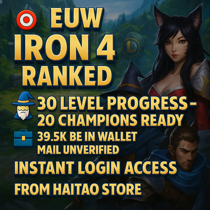 🎯 Iron 4 [EUW] Placement | 🧿 20 Champions Equipped | 🪜 Level 30 Achieved | 💷 40,000 BE | 🗝️ Full Ownership | 🕊️ Email Not Verified | 🌩️ Instant Setup 6syLYp