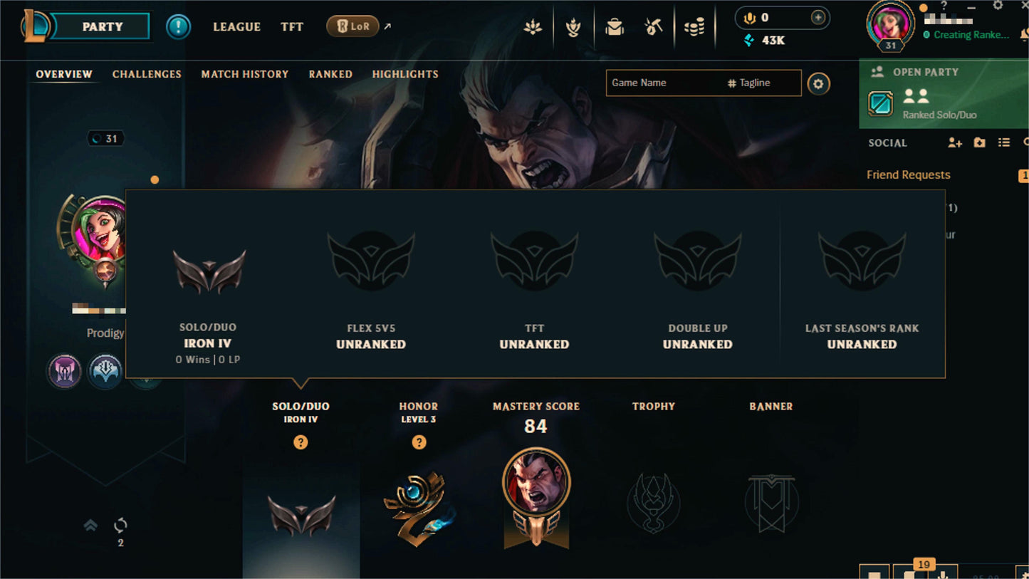 🧩 Ranked Iron IV EUW | 🦠 20 Meta Champs | 🧬 Level 30 Progress | 🪙 40k Blue Essence | 🗃️ Full Control | 🕶️ Mail Unlinked | 🛰️ Rapid Delivery X2Y9Jv