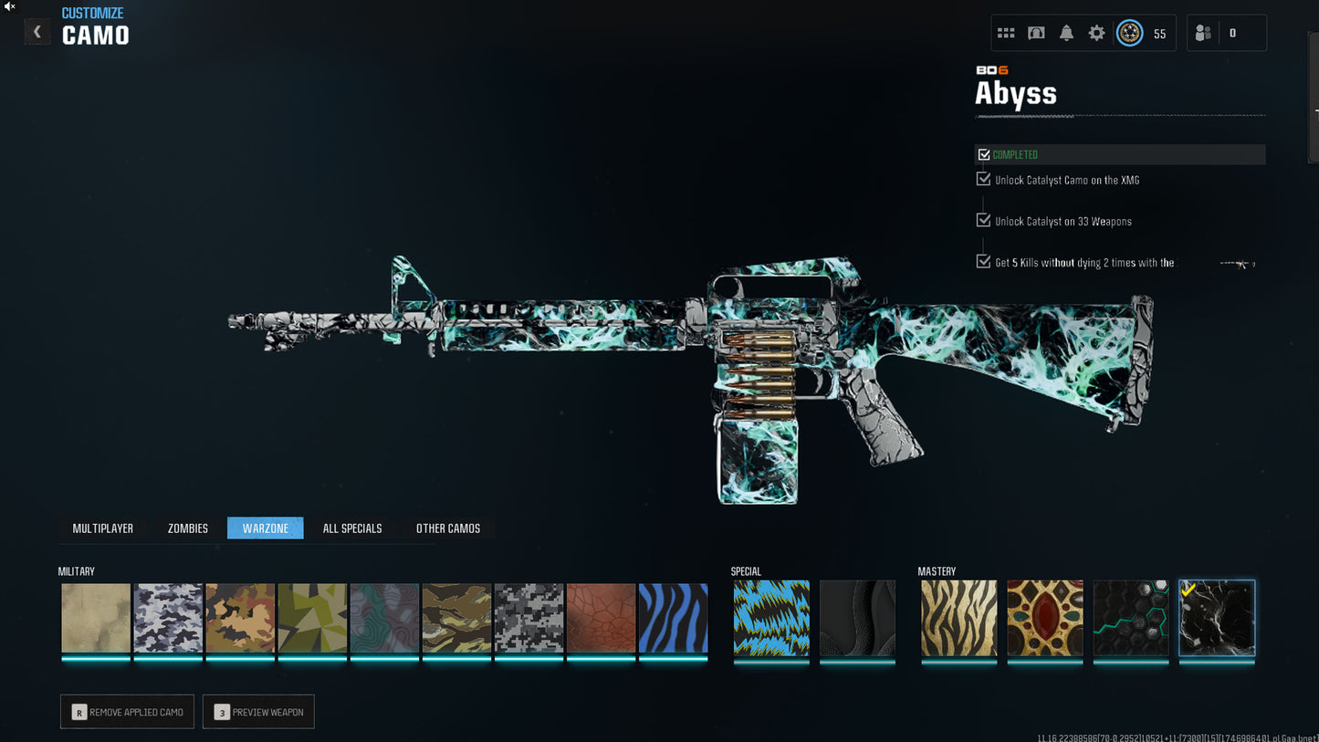 🏺 Legit Abyss Unlock (Inclu .New Guns Amax Kilo Ladra) 🔥 500 Camos 🔥 Level 55 + legitimately unlocked 🕸️ Gold Tiger ✨ King's Ransom 👁 Catalyst ✨ Gold Camos 🦾 Full access linkable to: Steam, Battle.net, PSN, Xbox 🌐 Black Ops 6 Warzone 4 BO6