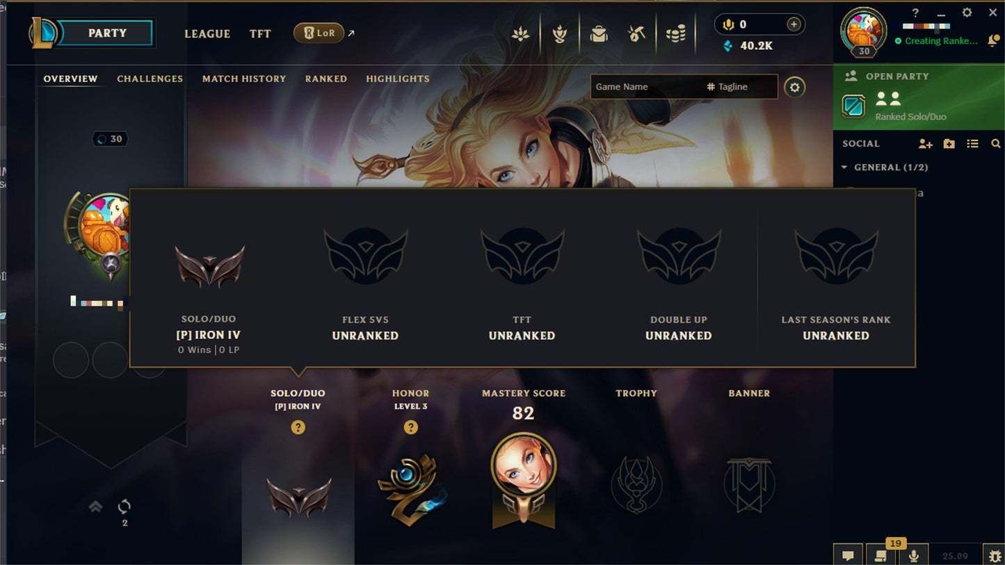 🎯 Iron 4 [EUW] Placement | 🧿 20 Champions Equipped | 🪜 Level 30 Achieved | 💷 40,000 BE | 🗝️ Full Ownership | 🕊️ Email Not Verified | 🌩️ Instant Setup 6syLYp