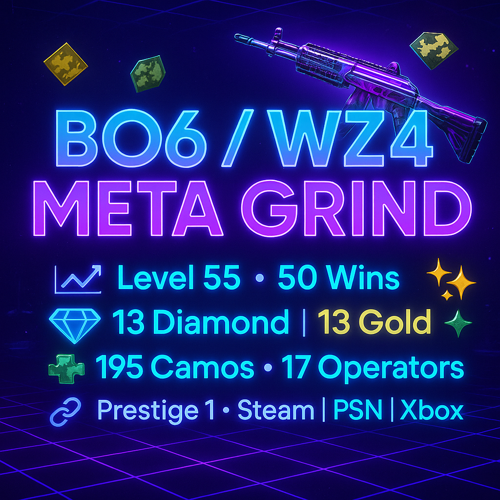 【⚡ BO6 ⸱ WZ4 PREMIUM】🧠 Level 55 | 🎯 50 Wins 🔶 13 Diamond | 🟡 13 Gold Camos (Kilo, CR56, Ladra) 💼 195 Camos + 🧙 17 Operators 🔗 Steam / BNET / PSN / Xbox | 🛡️ Prestige Ready
