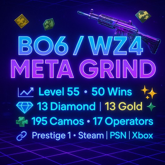 【⚡ BO6 ⸱ WZ4 PREMIUM】🧠 Level 55 | 🎯 50 Wins 🔶 13 Diamond | 🟡 13 Gold Camos (Kilo, CR56, Ladra) 💼 195 Camos + 🧙 17 Operators 🔗 Steam / BNET / PSN / Xbox | 🛡️ Prestige Ready