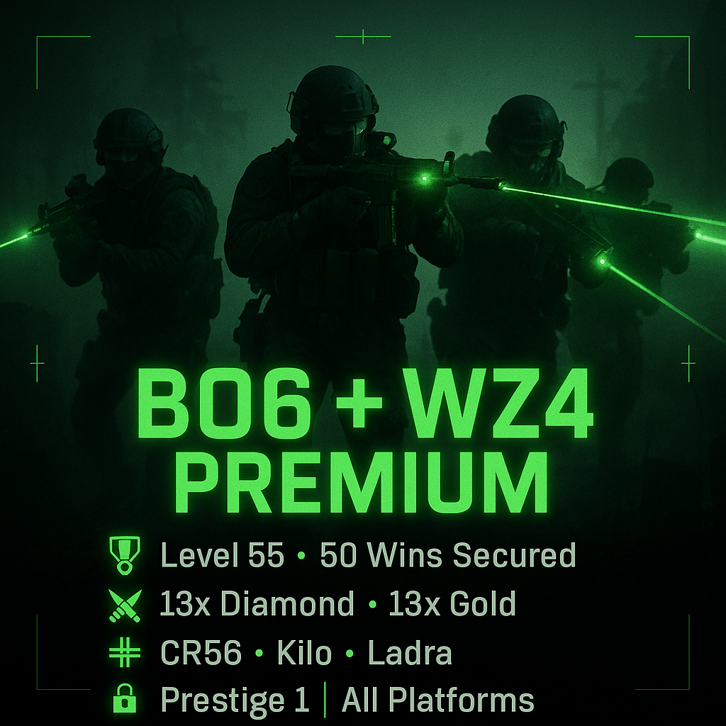 【🛡️ BO6 ⸱ WZ4 🔥】✔️ Level 55 + 50 Wins 💠 13x Diamond + 🎖️ 13x Gold (Best META Guns) ⚙️ Kilo • Ladra • CR56 | 🧨 195 Camos • 🦾 17 Operators 🔗 Linkable to: STEAM / BNET / PSN / XBOX | 🎮 Prestige 1 Ready