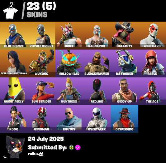 24 skins | Blue Squire | Royale Knight | Drift | Ragnarok | Calamity | Wild Card | Gear Specialist Maya | Wukong | Hollowhead | Sledgehammer | 450 VB
