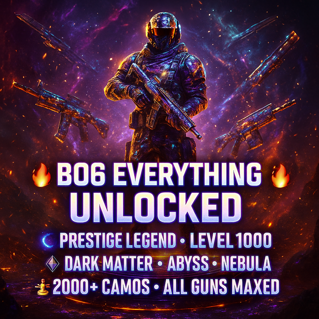 🔥 BO6 EVERYTHING UNLOCKED 🔥 Dark Matter + Nebula + Abyss 🌌 Prestige Legend 🌌 Level 1000 🌌 All Guns Maxed 🌌 2000+ Camos 🎨 Season 3 & 4 Battle Passes Purchased 💎 All Pictures Attached 🎁 Full Access 🔗 Linkable to: Steam , Battle.net, PSN, Xbox 🕹️ #avKRqu