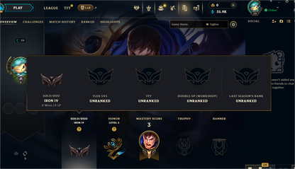 🥨 Iron IV 0% WR [ EUW ] 💲 20 Champion 💲 30 Level 💲 35k BE 💲 Full Access 💲 Unverified Mail 💲 Instant Delivery